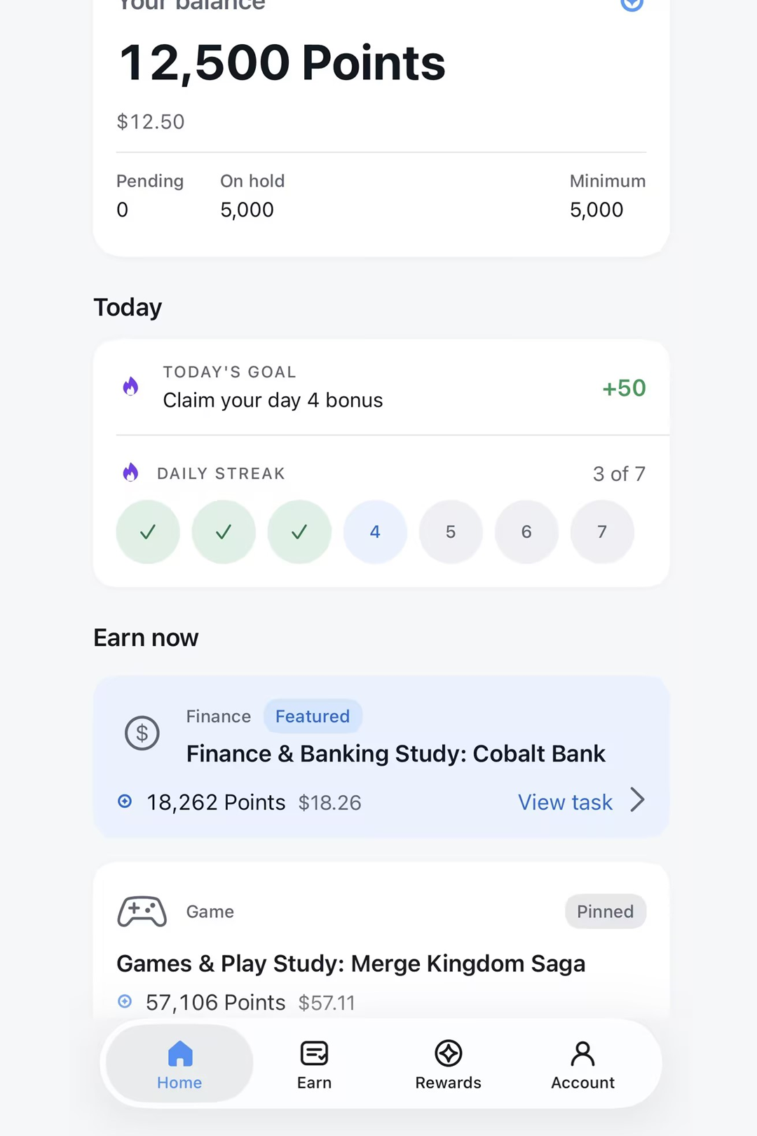 PointHive home screen showing a 12,500 point balance, today’s goal and featured studies